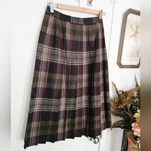 Vintage Wool Plaid A-Line Pleated Skirt Brown Green Purple